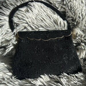 VINTAGE 1960's Black Beaded Evening Bag - Excellent Condition